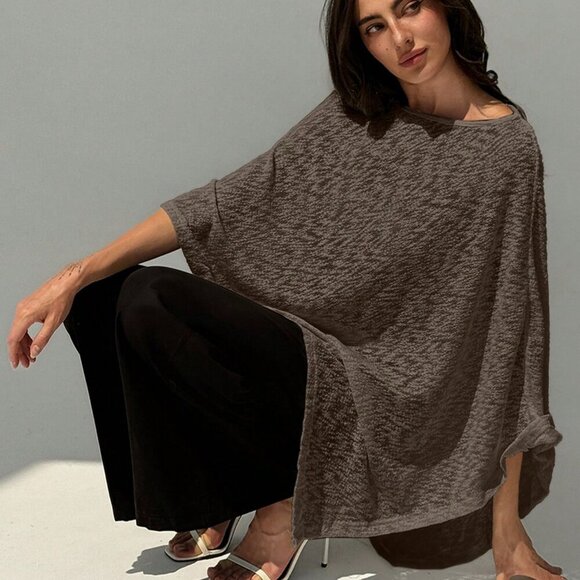 Tops - Brown Elegant Womens Off Shoulder Asymmetrical Hem Sheer Casual top